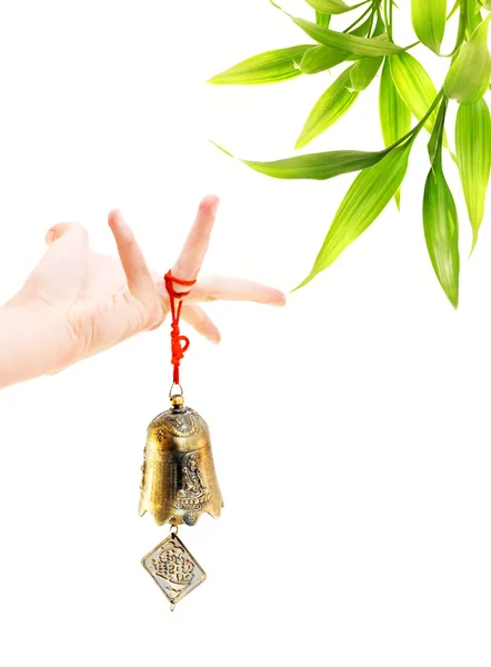 stock image Hand holding golden bell and bamboo plant in the corner
