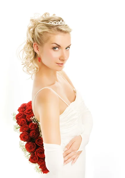 Belle Jeune Mariée Avec Bouquet Roses Rouges Luxe Isolé Sur — Photo