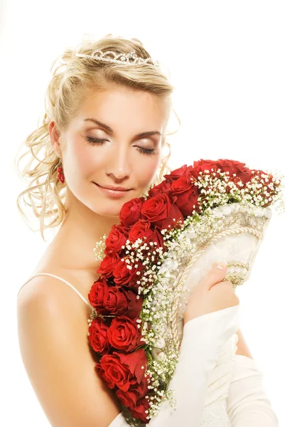Όμορφη Νεαρή Νύφη Πολυτελή Ανθοδέσμη Των Κόκκινων Τριαντάφυλλων Απομονώνονται Λευκό — Φωτογραφία Αρχείου