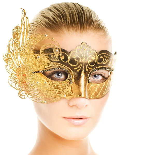 Linda Jovem Com Máscara Carnaval Seu Rosto — Fotografia de Stock