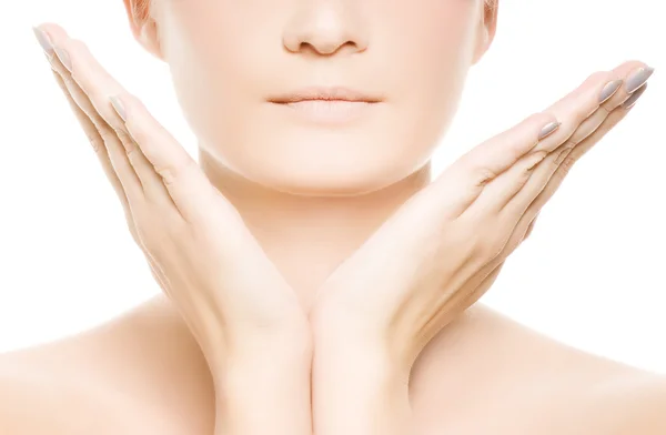 Cara y manos de mujer aisladas sobre fondo blanco —  Fotos de Stock