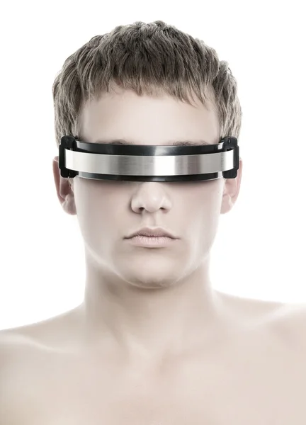 Stilig Cyber Mannens Ansikte Isolerad Vit Bakgrund — Stockfoto
