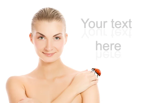 Ladybug Sitting Beautiful Woman Hand Isolated White Background — Stock Photo, Image