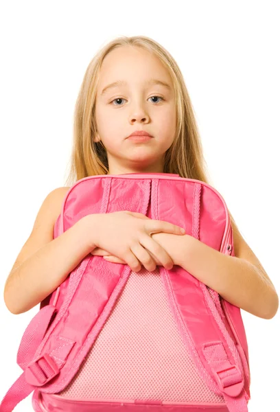 Trauriges junges Mädchen mit rosa Rucksack — Stockfoto