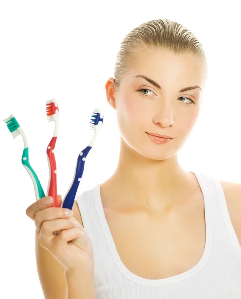 Beautiful Young Woman Three Different Types Toothbrushes — Stock Photo, Image