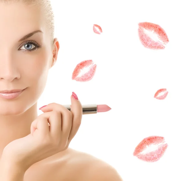 Mooie Jonge Vrouw Met Roze Lippenstift Geïsoleerd Witte Achtergrond — Stockfoto
