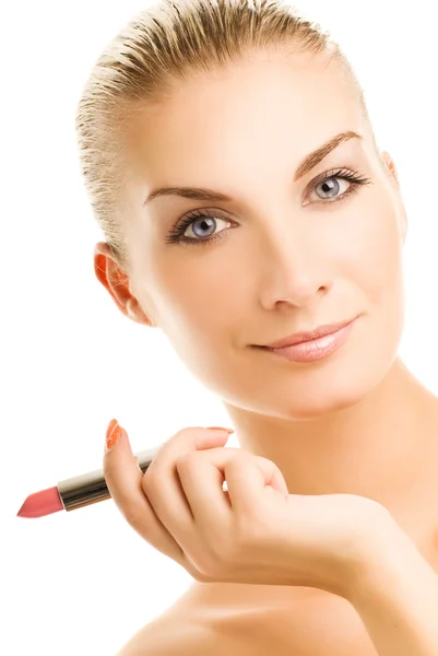 Mooie jonge vrouw met roze lippenstift close-up portret. isol — Stockfoto