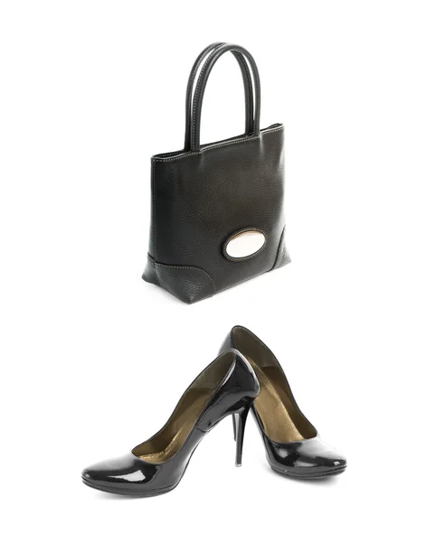 试剂盒的两个项目 性感鞋高跟鞋和优雅的黑色皮革手袋 — 图库照片