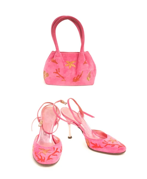 Σετ από δύο στοιχεία, σέξι παπούτσια με ψηλό τακούνι και κομψό ροζ μηνύσει — Φωτογραφία Αρχείου