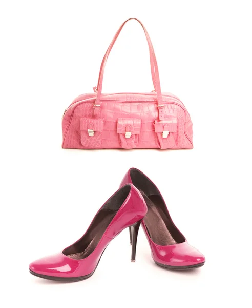 试剂盒的两个项目 性感鞋高跟鞋和优雅的粉红色皮革手袋 — 图库照片