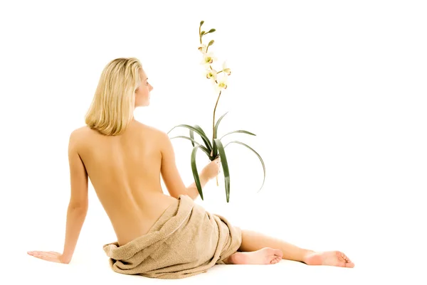 Красивая Женщина Цветком Орхидеи Изолированный Белом Фоне — стоковое фото