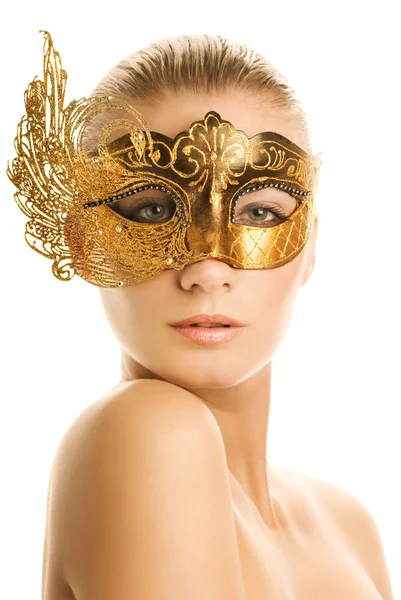 Linda Jovem Com Máscara Carnaval Seu Rosto — Fotografia de Stock