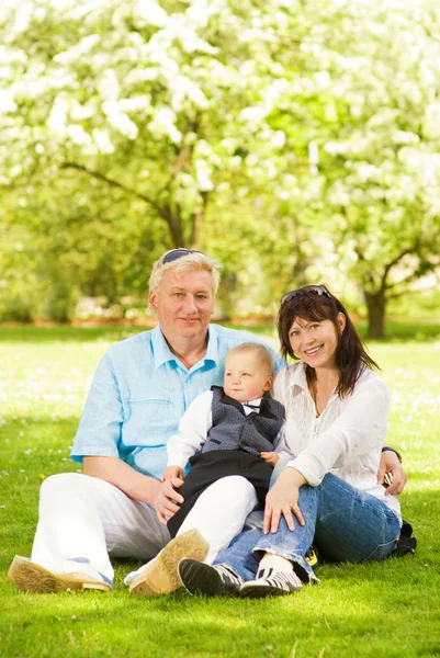 Glückliche Familie sitzt auf einer Wiese im Park — Stockfoto