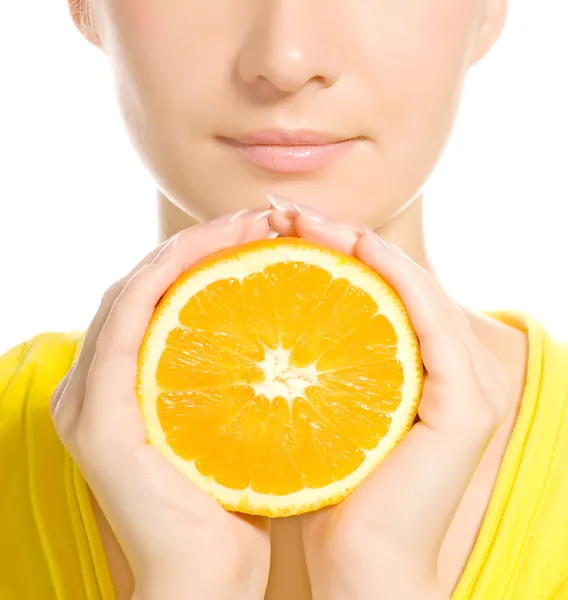 Beautiful Woman Face Juicy Orange — Stock Photo, Image