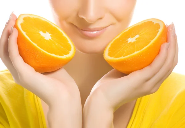 Piękna Dziewczyna Soczysta Pomarańcza — Zdjęcie stockowe