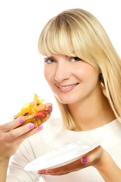 Schöne Junge Frau Mit Obstkuchen Isoliert Auf Weißem Hintergrund — Stockfoto
