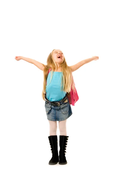 ピンクのバックパックで幸せな若い女の子 — ストック写真