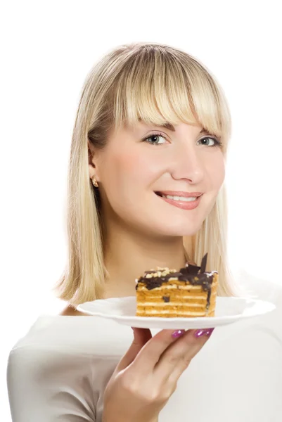 Mooie Jonge Vrouw Met Chocolade Cake Geïsoleerd Witte Achtergrond — Stockfoto