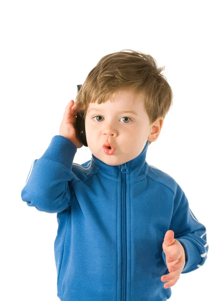 Rapazinho Falar Telefone Isolado Sobre Fundo Branco — Fotografia de Stock