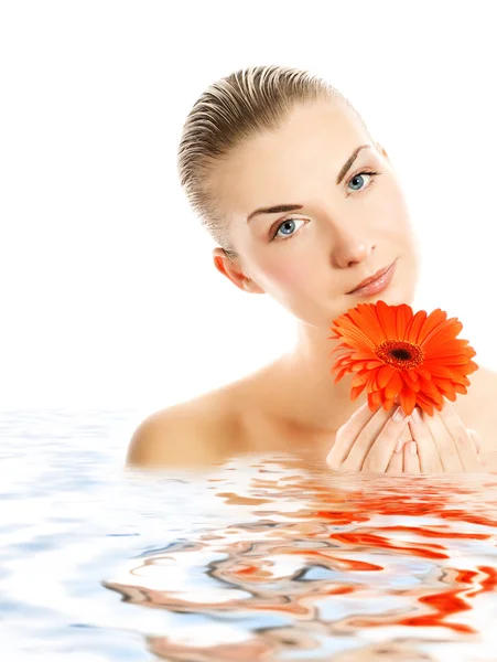 Mulher bonita com flor de gerber refletida em w renderizado — Fotografia de Stock
