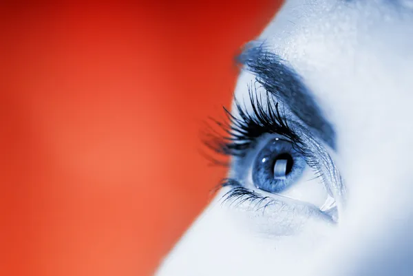 Niebieski oko na czerwonym tle (płytkie Dof) — Zdjęcie stockowe