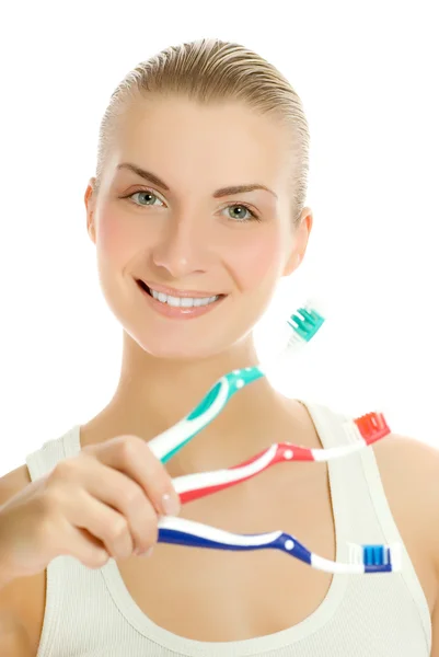 Όμορφη Νεαρή Γυναίκα Τρεις Διαφορετικούς Τύπους Οδοντόβουρτσες — Φωτογραφία Αρχείου