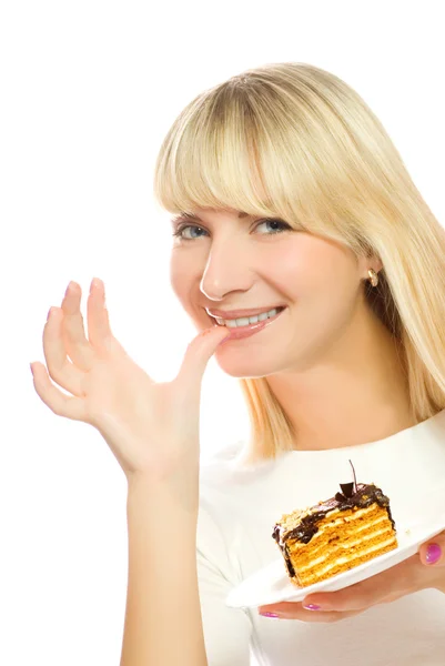 Krásná mladá žena s čokoládový dort izolovaných na bílém zpět — Stock fotografie