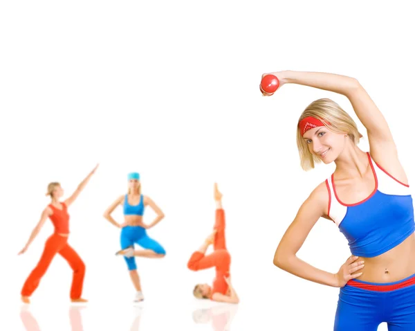 Grupp Kvinnor Gör Fitness Motion Isolerade Vitt Massor Möjligheter Att — Stockfoto