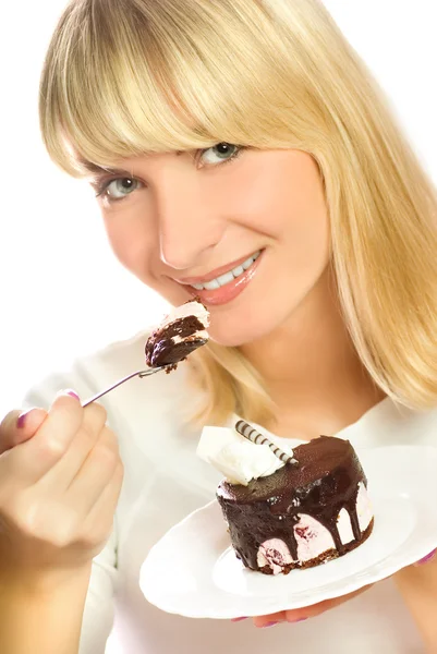 Mulher Bonita Com Bolo Chocolate Isolado Fundo Branco — Fotografia de Stock