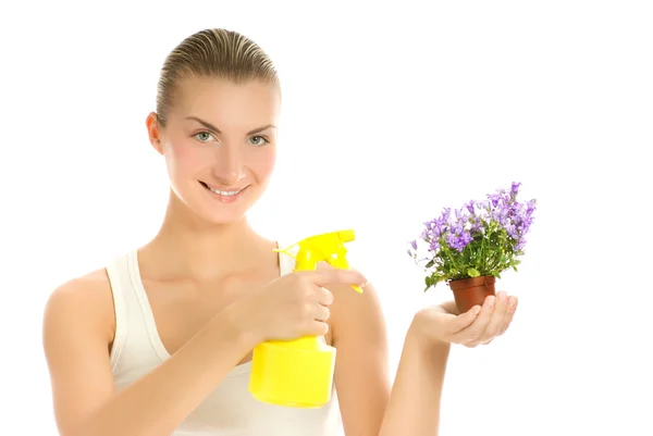 Bela Jovem Mulher Maintaning Flor Isolado Sobre Fundo Branco — Fotografia de Stock