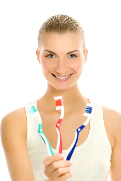 Mulher Bonita Com Três Tipos Diferentes Escovas Dentes — Fotografia de Stock