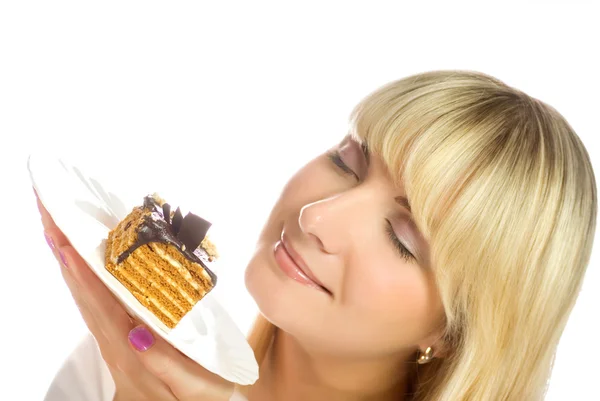 Mooie Jonge Vrouw Met Chocolade Cake Geïsoleerd Witte Achtergrond — Stockfoto