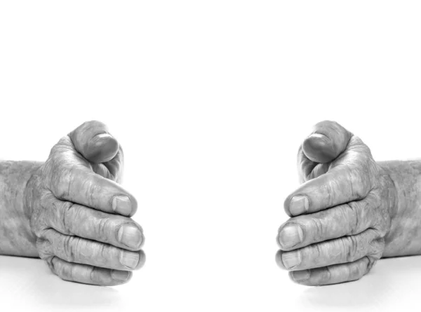 Imagem Monocromática Mãos Velhas Isoladas Fundo Branco — Fotografia de Stock