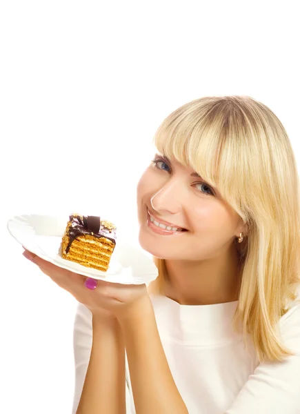 Hermosa joven con pastel de chocolate aislado en la espalda blanca — Foto de Stock