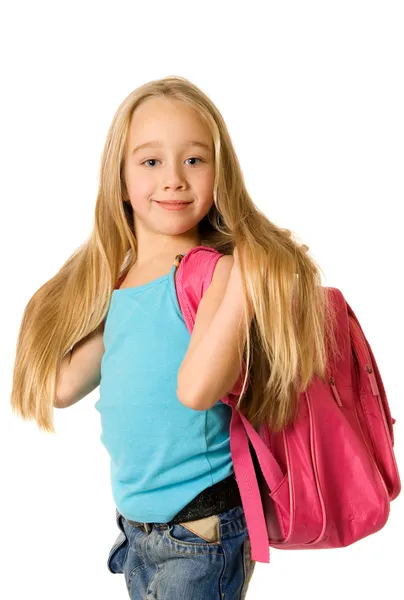 年轻的女孩与一个粉红的背包 — 图库照片