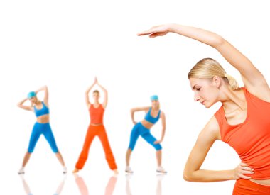 Group of women doing fitness exercise isolated on white. Lots of possibilities to put your text on clipart