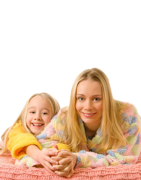 Mother Her Daughter Sitting Bed — Stock Photo, Image
