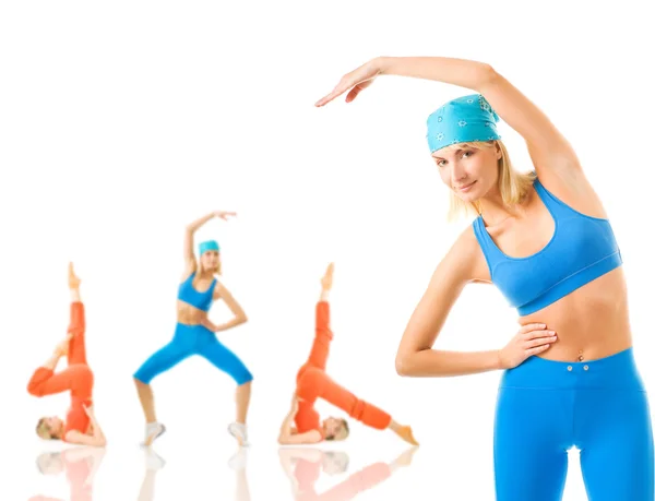 Grupo Mulheres Fazendo Exercício Físico Isolado Branco Muitas Possibilidades Para — Fotografia de Stock
