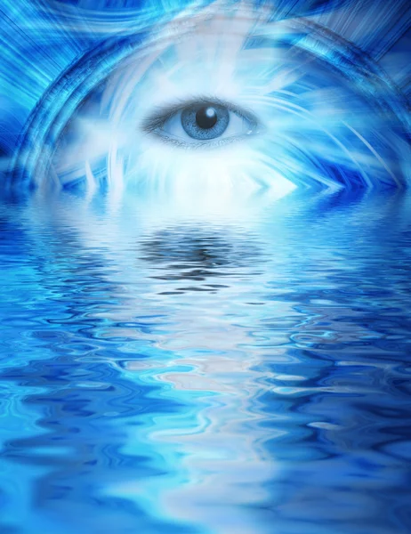 人間の目青の抽象的な背景にレンダリングされた水に反映 — ストック写真