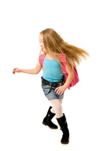 Correndo Menina Escola Com Uma Mochila Rosa — Fotografia de Stock