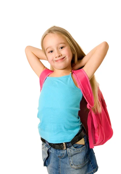 Pembe bir sırt çantası ile genç kız — Stok fotoğraf