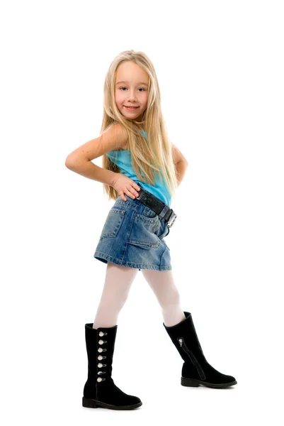 Little funny girl posing over white background — Stock Photo, Image