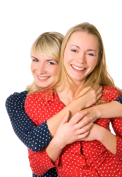 Две счастливые девушки изолированы на белом фоне — стоковое фото