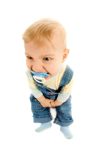 Funny Baby Zuigen Een Dummy Geïsoleerd Witte Achtergrond — Stockfoto