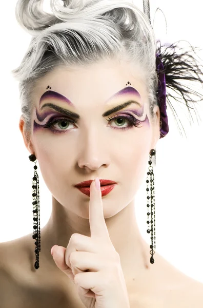 Beautiful woman with artistic make-up asks to keep silence — Stock Photo, Image