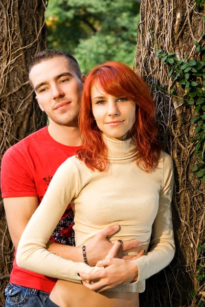 Young attractive couple in a forest — Stock Photo, Image