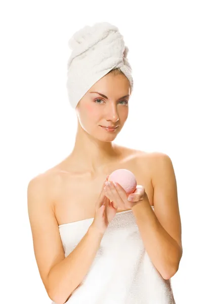 Gyönyörű Fiatal Aroma Bath Ball Elszigetelt Fehér Background — Stock Fotó