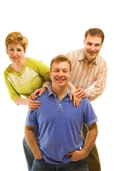 Três amigos felizes isolados no fundo branco — Fotografia de Stock