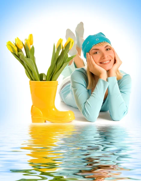 Beautiful Teenage Girl Yellow Tulips Water Stock Picture
