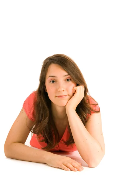 Pensando giovane donna isolata su sfondo bianco Fotografia Stock